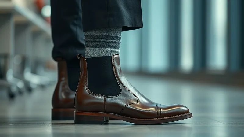 Photorealistic, professional photography, 8K, cinematic lighting, sharp focus, depth of field. A close-up shot focusing on the lower half of a man's impeccably dressed body, showcasing the harmony between his tailored dark trousers, polished brown leather Chelsea boots, and a subtly patterned, high-quality sock. The background is slightly blurred to emphasize the crispness and attention to detail in his footwear and legwear, contrasting with a hint of a casual office environment, illustrating how to avoid common pitfalls like poor shoe choice.