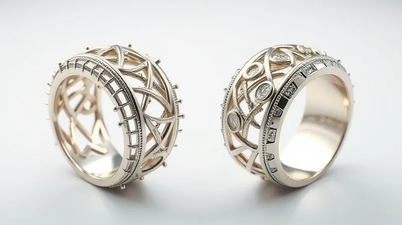 A photorealistic 3D rendering of two rings side-by-side. One ring is overly complex with many small, delicate, interconnected parts and deep undercuts. The other ring is a simplified, elegant version of the first, maintaining aesthetic appeal but with fewer components and smoother, more accessible surfaces, highlighting efficient design. Professional photography, 8K, cinematic lighting, sharp focus, depth of field.