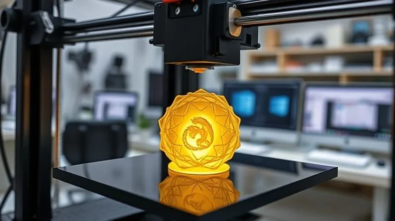 A photorealistic image of a 3D printer (SLA or DLP type) actively printing a detailed wax-like jewelry model, with a glowing resin vat and the intricate structure of the piece clearly visible. The background shows a modern workshop environment with other CAD workstations. Professional photography, 8K, cinematic lighting, sharp focus, depth of field.