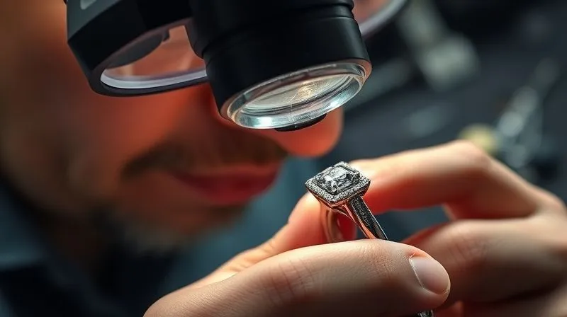 A photorealistic close-up of a jeweler using a magnifying visor to meticulously inspect the prongs of a diamond ring, highlighting the detailed quality control process. The background is slightly blurred, showing other precision tools. Professional photography, 8K, cinematic lighting, sharp focus, depth of field.