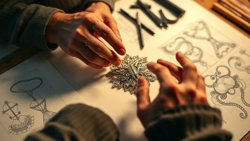 A photorealistic close-up of an artist's hands meticulously working on a complex, unconventional wearable art piece, surrounded by sketches and inspirational mood boards. Soft, warm cinematic lighting, sharp focus on the hands and jewelry, depth of field blurring the background, 8K hyper-detailed.