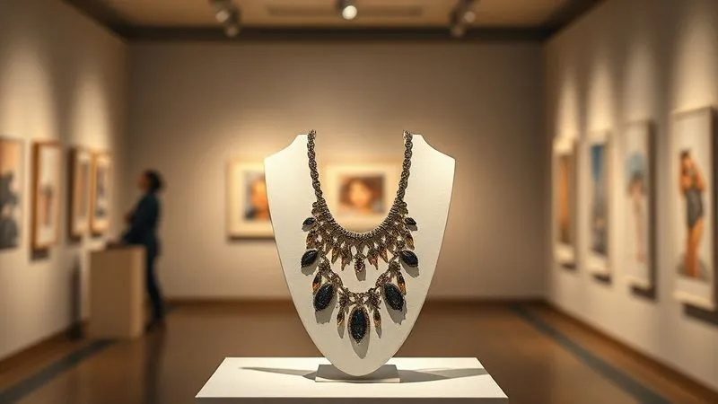 A photorealistic, professional photography, 8K, cinematic lighting, sharp focus on an art gallery display featuring a single, dramatic, unconventional wearable art necklace on a custom, minimalist stand. The background is softly lit, creating a sophisticated and contemplative atmosphere, depth of field blurring other elements, shot on a high-end DSLR.