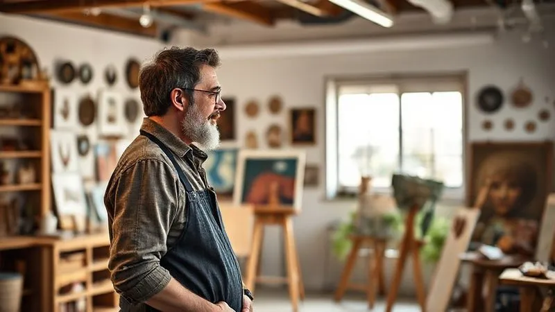 A photorealistic, professional photography, 8K, cinematic lighting, sharp focus on an artist in a bright, organized studio, engaged in a conversation with a potential buyer. Unconventional wearable art pieces are displayed subtly in the background. The scene conveys warmth, creativity, and personal connection, depth of field blurring the background, shot on a high-end DSLR.