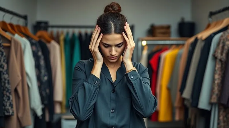A fashion stylist looking stressed and overwhelmed in a studio filled with clothes and accessories, head in hands, soft cinematic lighting, sharp focus on the stylist, depth of field blurring the background, photorealistic, professional photography, 8K.