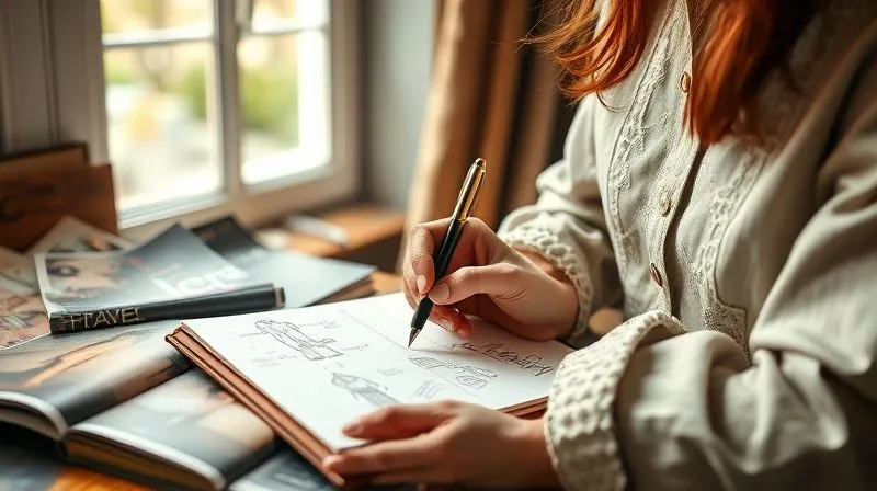 A fashion stylist sketching ideas in a leather-bound notebook with a fountain pen, surrounded by vintage fashion magazines and fabric swatches, natural soft light coming through a window, serene and focused atmosphere, photorealistic, professional photography, 8K, cinematic lighting, sharp focus, depth of field.