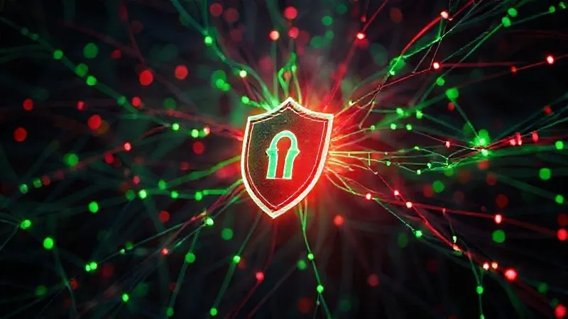 photorealistic, professional photography, 8K, cinematic lighting, sharp focus, depth of field, shot on a high-end DSLR image of a complex web of interconnected digital threads, some glowing green to represent secure data flow, others red to symbolize breaches, with a stylized 'privacy shield' icon prominently in the foreground, representing the challenge and solution of data protection in a digital fashion context.