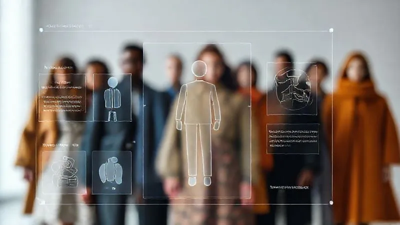 photorealistic, professional photography, 8K, cinematic lighting, sharp focus, depth of field, shot on a high-end DSLR image of a sophisticated AI interface displaying fashion recommendations, with transparent layers showing the decision-making process (e.g., 'pattern recognition', 'color preference', 'size fit'). A diverse group of stylized, blurred figures stands behind the interface, symbolizing ethical and inclusive AI in fashion.