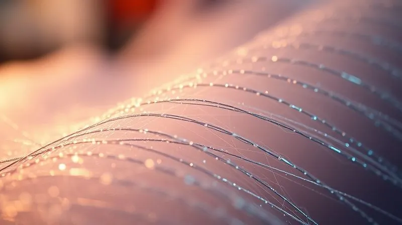 A macro shot, photorealistic, professional photography, 8K, cinematic lighting, sharp focus on intricately woven high-performance synthetic fibers, showing a subtle iridescent sheen. Depth of field blurs a background of textile research lab equipment. The fibers appear incredibly strong and fine, highlighting advanced yarn engineering.