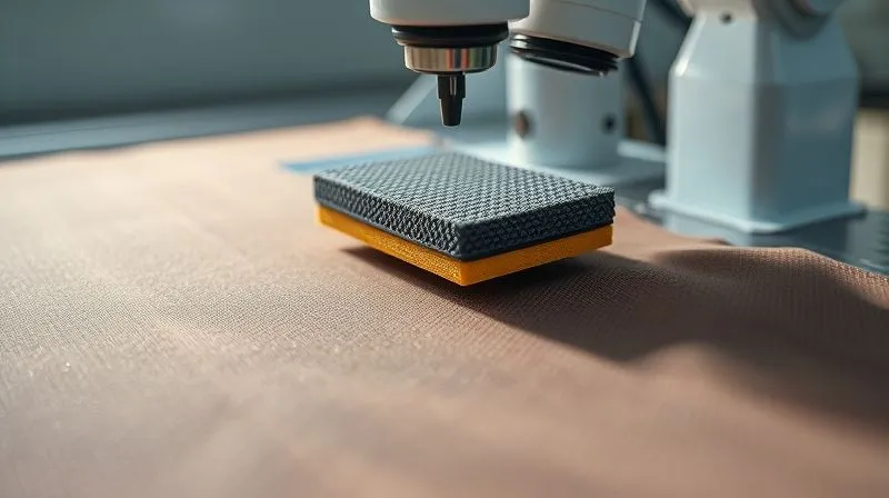 A photorealistic, professional photography shot of a technical textile swatch undergoing an abrasion test in a laboratory setting. A robotic arm with a textured pad is rubbing against the fabric, which shows resilience. Cinematic lighting highlights the texture of the fabric and the precision of the testing equipment. Sharp focus, depth of field, 8K hyper-detailed.