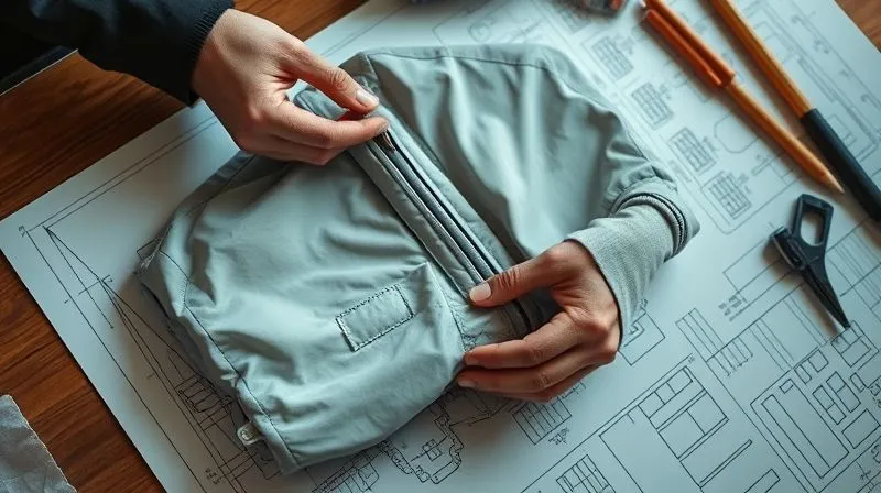 A professional photography shot from above, showing an engineer's hands meticulously assembling a lightweight technical garment component. The fabric is thin but shows reinforced seams and strategic paneling. Blueprints and technical drawings are visible on the table. Cinematic lighting, sharp focus on the hands and fabric, depth of field blurring the background, 8K hyper-detailed.