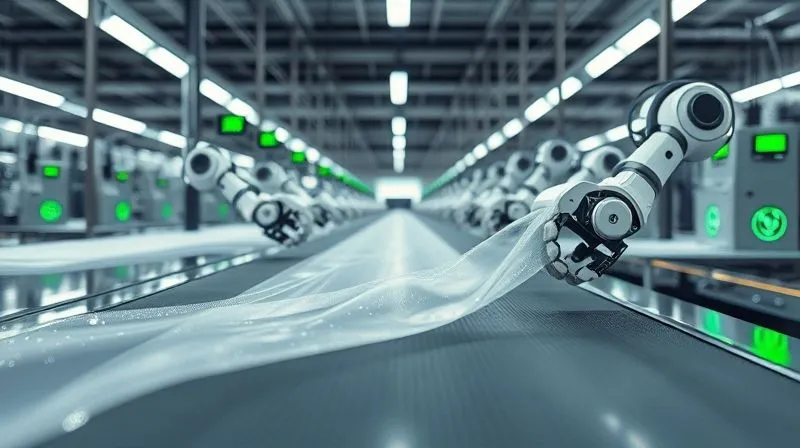 A photorealistic image showing a futuristic textile factory floor, with robotic arms handling translucent, shimmering lightweight fabrics. The scene emphasizes sustainable practices, with green energy indicators and clean, minimalist design. Cinematic lighting, sharp focus on the innovative textile, depth of field blurring the background, 8K hyper-detailed.