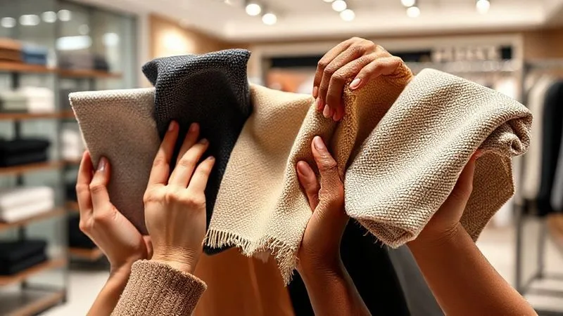 Photorealistic image of diverse hands holding different swatches of innovative, tactile bio-engineered fabrics, with a focus on texture and quality, against a softly lit, modern retail background, 8K, cinematic lighting, sharp focus, depth of field, shot on a high-end DSLR.