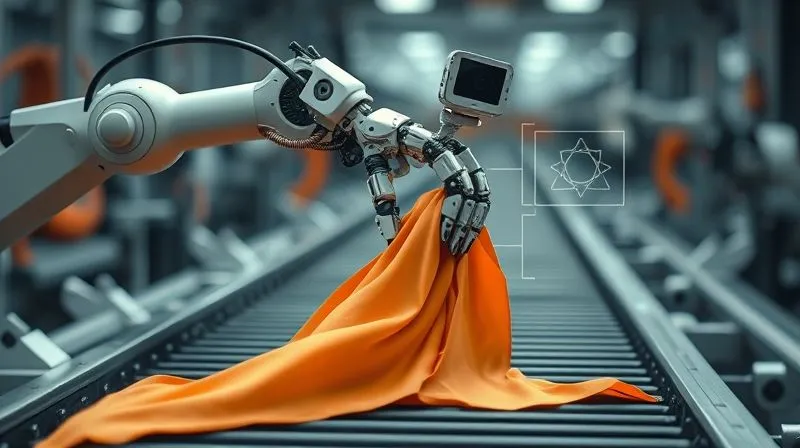 A photorealistic, professional photography, 8K, cinematic lighting, sharp focus, depth of field, shot on a high-end DSLR, a robotic arm with a sophisticated vision camera mounted, precisely aligning its soft gripper above a flowing piece of fabric on a conveyor belt, with digital overlays indicating object recognition and planned grip points, symbolizing intelligent automation.