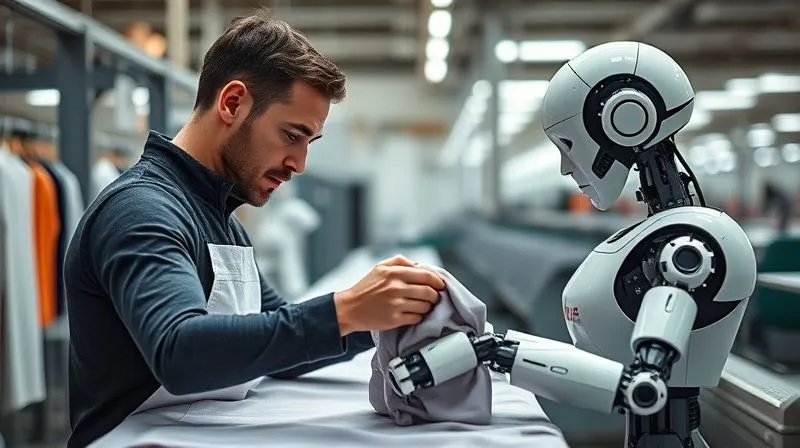 A photorealistic, professional photography, 8K, cinematic lighting, sharp focus, depth of field, shot on a high-end DSLR, a human textile worker and a collaborative robot (cobot) working side-by-side on a fashion production line, the cobot gently presenting a piece of fabric to the human, illustrating seamless teamwork and safety, with a focus on shared dexterity.