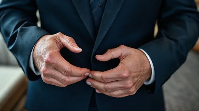 A close-up, photorealistic shot of hands expertly performing the 'inside-out' suit jacket folding technique on a classic navy suit, with the jacket half-folded and the lining visible. The background is a clean, minimalist hotel room surface, professional photography, 8K, cinematic lighting, sharp focus on the hands and fabric, depth of field blurring the background, shot on a high-end DSLR.