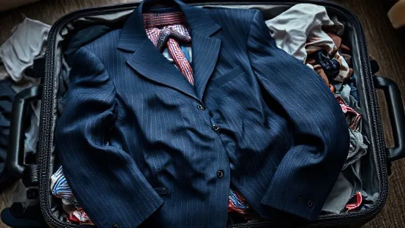 A photorealistic image of a crumpled navy suit jacket hastily stuffed into an overflowing suitcase, with various other disorganized clothing items spilling out. The lighting is harsh, highlighting the deep creases in the fabric, professional photography, 8K, cinematic lighting, sharp focus on the wrinkled suit, depth of field blurring the background, shot on a high-end DSLR, conveying a sense of frustration and disarray.