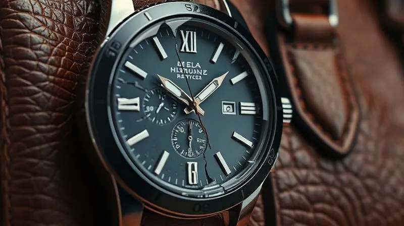 A photorealistic close-up of a shattered watch face and a scuffed luxurious leather handbag, lit dramatically to highlight the damage, professional photography, 8K, cinematic lighting, sharp focus, depth of field, shot on a high-end DSLR, conveying a sense of loss and frustration.