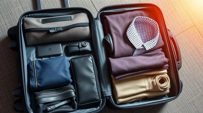 A photorealistic, professional photography, 8K, cinematic lighting, sharp focus, depth of field, shot on a high-end DSLR, an open suitcase with neatly arranged packing cubes, showing compartments for various accessories, alongside folded clothing, demonstrating efficient and protective packing strategies for a business trip.