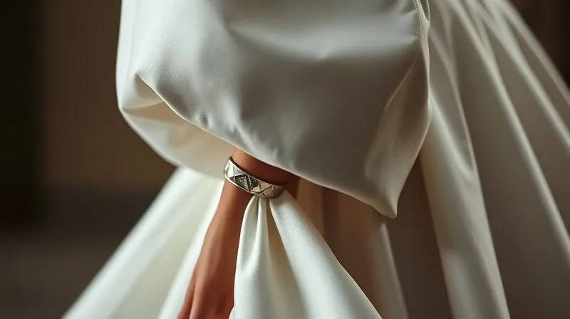 A close-up, photorealistic image of an avant-garde wedding gown's architectural sleeve, with a single, minimalist, geometric silver cuff bracelet subtly peeking from the wrist. Cinematic lighting, sharp focus on the textures and lines, soft depth of field, 8K, professional photography, shot on a high-end DSLR.