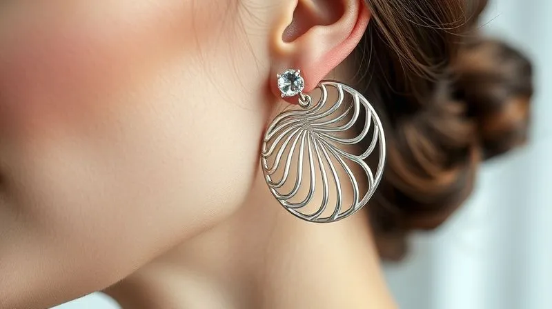 A close-up, photorealistic image of a bride's ear, showcasing a single, large, sculptural silver earring with abstract, flowing lines, contrasting beautifully against a clean, architectural white avant-garde wedding gown fabric in the background. Cinematic lighting, sharp focus on the earring, soft depth of field, 8K, professional photography, shot on a high-end DSLR.