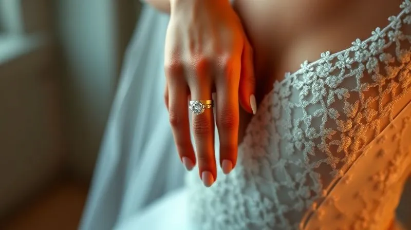 A photorealistic image showing a bride's hand adorned with a modern, geometric ring, mirroring the sharp, triangular cut-outs visible in the avant-garde wedding gown's bodice. Cinematic lighting, sharp focus on the ring and gown detail, soft depth of field, 8K, professional photography, shot on a high-end DSLR.