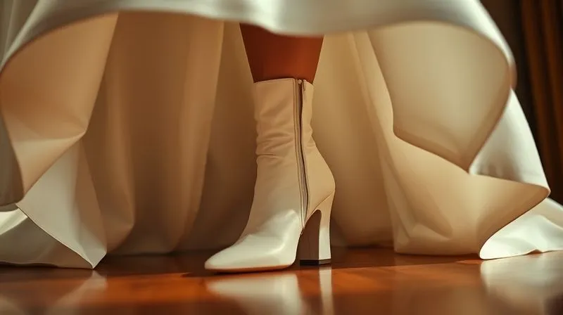 A photorealistic, low-angle shot of a bride's feet, showcasing a pair of avant-garde white leather ankle boots with a sculptural heel, peeking out from beneath the hem of a flowing, avant-garde wedding gown. Cinematic lighting, sharp focus on the shoes, depth of field blurring the gown, 8K, professional photography, shot on a high-end DSLR.