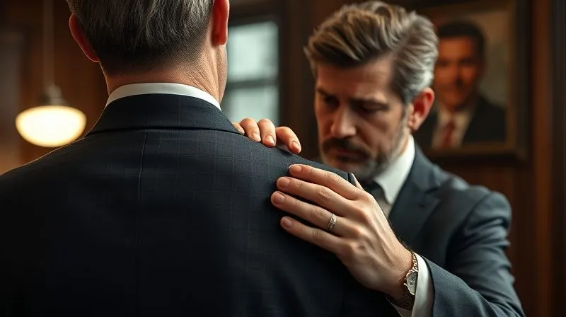 A photorealistic, professional photography, 8K, cinematic lighting, sharp focus, depth of field, shot on a high-end DSLR, of a master tailor using chalk to mark subtle adjustments on the back of a bespoke suit jacket worn by a male client, focusing on the shoulder blade area to correct for a slight posture difference, with a serious and focused expression on the tailor's face.