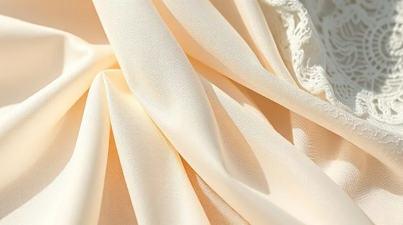 A close-up, photorealistic, professional photography shot of various luxurious bridal fabrics: smooth silk crepe, soft English tulle, shimmering satin, and delicate French lace, arranged artfully to highlight their textures under soft, natural light. 8K hyper-detailed, sharp focus on fabric weaves, depth of field blurring the background, shot on a high-end DSLR, conveying elegance and quality.