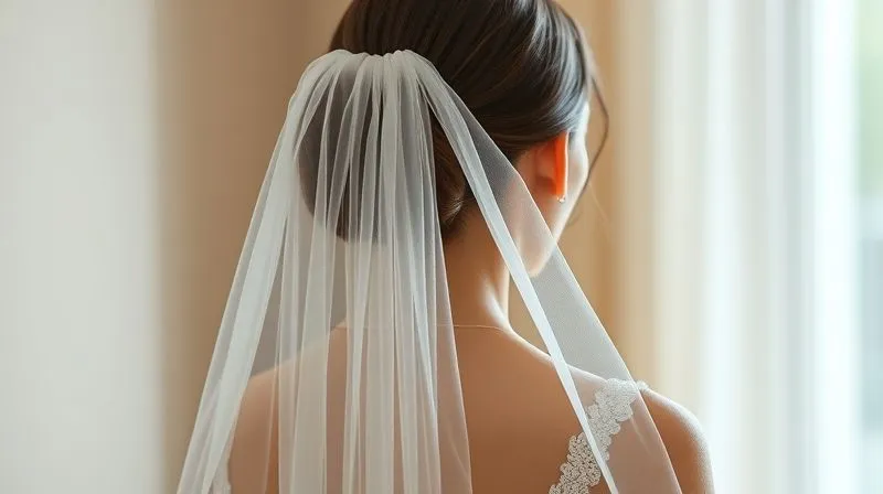 A photorealistic, professional photography shot of a bride from behind, showcasing a beautifully styled minimalist wedding gown with a flowing cathedral veil attached at the mid-back of her head. The veil drapes elegantly, highlighting the clean lines of the dress. Soft, natural light illuminates the scene, sharp focus on the veil and gown, depth of field blurring the background. 8K hyper-detailed, shot on a high-end DSLR, emphasizing refined elegance and seamless integration.