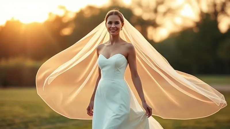A photorealistic, professional photography shot of a confident bride gracefully walking, her minimalist wedding gown flowing elegantly, with a sheer cathedral veil trailing majestically behind her. Her head is held high, a subtle, radiant smile on her face. Golden hour cinematic lighting, sharp focus on the bride, depth of field blurring a soft, romantic outdoor background. 8K hyper-detailed, shot on a high-end DSLR, conveying empowered elegance and joy.