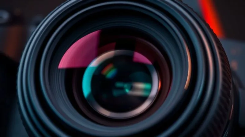 A photorealistic, highly detailed close-up of a high-end DSLR camera lens (like an 85mm prime) with a shallow depth of field, focused on the intricate glass elements, professional studio lighting, 8K, sharp focus, cinematic.