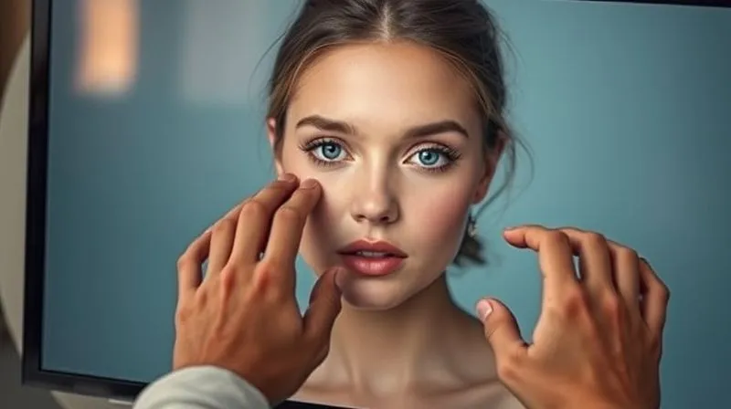 A photorealistic conceptual image showing a digital artist's hands subtly refining a beauty portrait on a high-resolution monitor, with a soft, ethereal glow indicating a respectful and minimal retouching process, studio environment, 8K, sharp focus, depth of field, cinematic lighting.