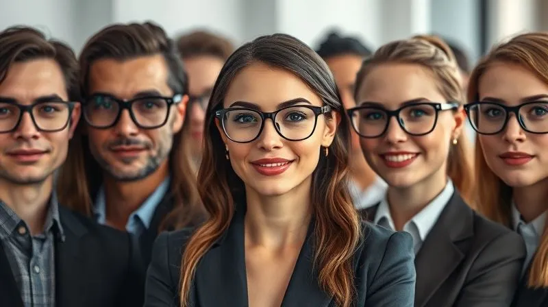 A photorealistic, professional photography shot of a diverse group of professionals, each wearing stylish glasses appropriate for their distinct industry (e.g., a lawyer in classic frames, a designer in modern frames, a marketer in subtly trendy frames). The image should highlight their individual style while maintaining an air of professionalism, with sharp focus on their faces and eyewear. 8K, cinematic lighting, depth of field.