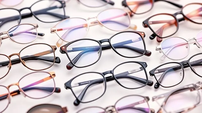 A photorealistic, professional photography image of a diverse range of stylish yet professional eyeglasses frames arranged artfully. Include thin metal, translucent acetate, subtle geometric, and modern browline styles. The lighting should be soft and sophisticated, highlighting the materials and craftsmanship. 8K, cinematic lighting, sharp focus, depth of field.