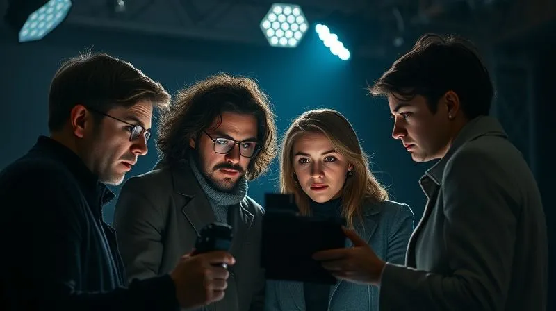 A photorealistic, professional photography, 8K, cinematic lighting, sharp focus, depth of field, shot on a high-end DSLR, showing a small group of fashion professionals (creative director, photographer, stylist) in an intense huddle on a dimly lit set, looking at a digital camera screen with concerned but focused expressions, collaborative problem-solving energy.