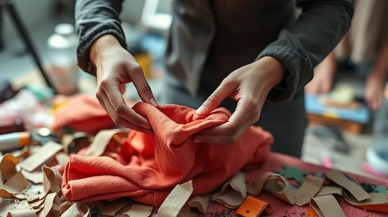 A photorealistic, professional photography, 8K, cinematic lighting, sharp focus, depth of field, shot on a high-end DSLR, showing a fashion stylist creatively repurposing a discarded piece of fabric or prop on a messy set, their hands in motion, surrounded by a kaleidoscope of textures and colors, embodying resourcefulness and quick thinking.