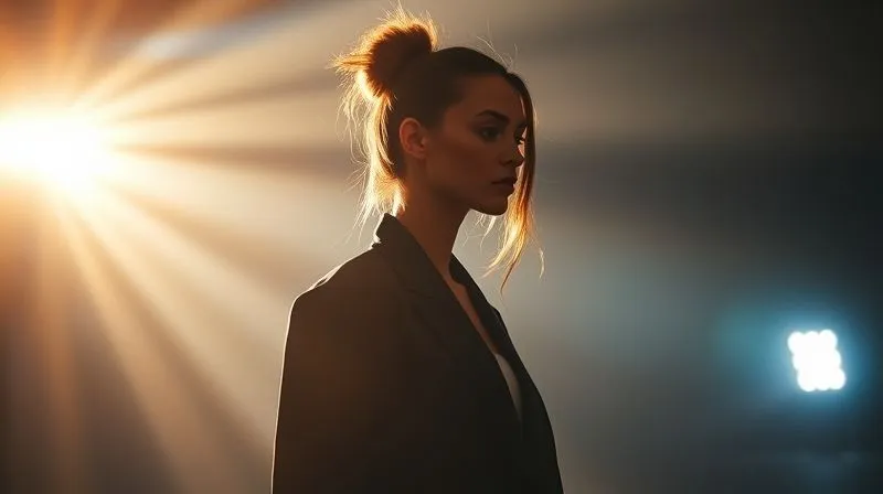 A photorealistic, professional photography, 8K, cinematic lighting, sharp focus, depth of field, shot on a high-end DSLR, showing a fashion model bathed in dramatic, high-contrast light, casting long shadows, with a creative director gesturing to a lighting technician, illustrating a swift technical pivot on set.