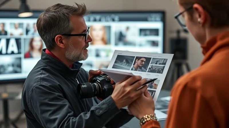 A photorealistic, professional photography, 8K, cinematic lighting, sharp focus, depth of field, shot on a high-end DSLR, showing a creative director reviewing contact sheets or a digital display, thoughtfully analyzing images, with annotations and notes, embodying reflection and learning after a successful pivot.