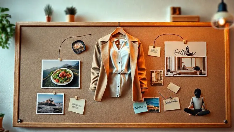 A photorealistic, professional photography shot of a meticulously arranged vision board. The board features a central image of a stylish outfit, surrounded by smaller, aesthetically pleasing photos: a beautifully plated healthy meal, a serene travel landscape, a cozy home interior, and a person meditating. The elements are connected by subtle lines and sticky notes with keywords like 'Authenticity,' 'Wellness,' 'Adventure.' Cinematic lighting, sharp focus on the board, depth of field blurring the background, 8K hyper-detailed.