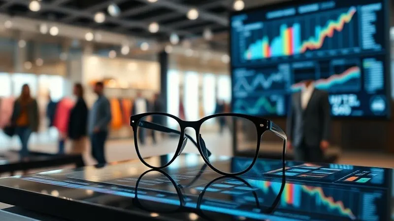 A photorealistic, professional photography, 8K, cinematic lighting, sharp focus on a pair of sleek, modern sunglasses on a digital screen displaying complex trend analytics graphs and charts, depth of field blurring a bustling fashion showroom in the background, shot on a high-end DSLR.