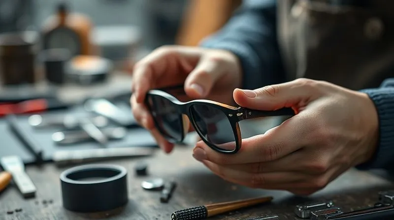 A photorealistic, professional photography, 8K, cinematic lighting, sharp focus on a pair of previously trend-driven sunglasses being carefully disassembled or customized by an artisan's hands, with tools and new components around, depth of field blurring a workshop environment, shot on a high-end DSLR.