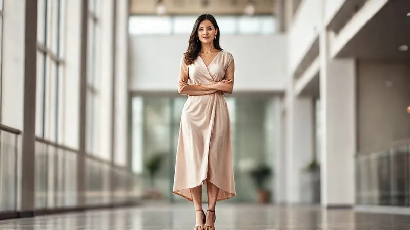 A photorealistic professional photograph of a diverse woman in her late 30s, standing confidently in a modern, light-filled architectural space. She is wearing a chic, flowing midi-length dress in a soft, neutral tone, paired with elegant but comfortable low heels. The dress features subtle draping and a sophisticated silhouette that suggests both professionalism and ease. Soft, natural cinematic lighting, sharp focus on the woman, depth of field blurring the background, 8K hyper-detailed, shot on a high-end DSLR.