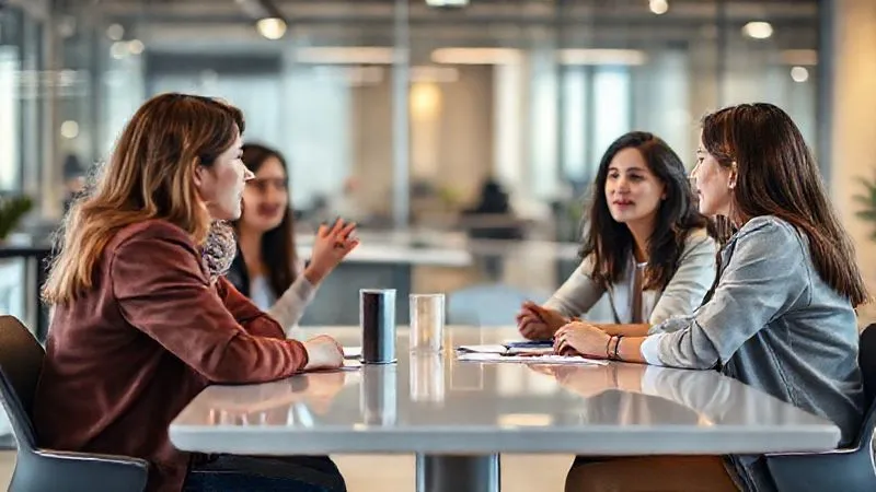 A photorealistic professional photograph of a diverse group of four women (20s-50s) actively participating in a modern, brightly lit focus group setting. They are seated around a sleek table, engaged in discussion, with one woman gesturing thoughtfully. The atmosphere is collaborative and attentive. Cinematic lighting, sharp focus on the participants, depth of field blurring the background, 8K hyper-detailed, shot on a high-end DSLR.