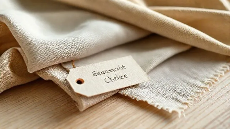 A photorealistic close-up professional photograph of various sustainable fabric swatches (e.g., organic cotton, Tencel, recycled polyester, hemp) artfully arranged on a light wooden table. A small, elegant tag made of recycled paper with a subtle 'Sustainable Choice' emblem is placed on one of the swatches. Soft, natural cinematic lighting, sharp focus on the fabrics, depth of field blurring the background, 8K hyper-detailed, shot on a high-end DSLR.