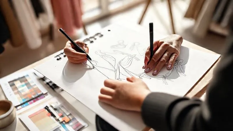 A photorealistic professional photograph of a fashion designer's hands gracefully sketching elegant, versatile dress concepts in a modern, sunlit studio. The sketches on the large pad show flowing lines, adaptable silhouettes, and subtle details, blending formal and casual elements. Design tools like fabric swatches and color palettes are neatly arranged nearby. Cinematic lighting, sharp focus on the hands and sketches, depth of field blurring the background, 8K hyper-detailed, shot on a high-end DSLR.