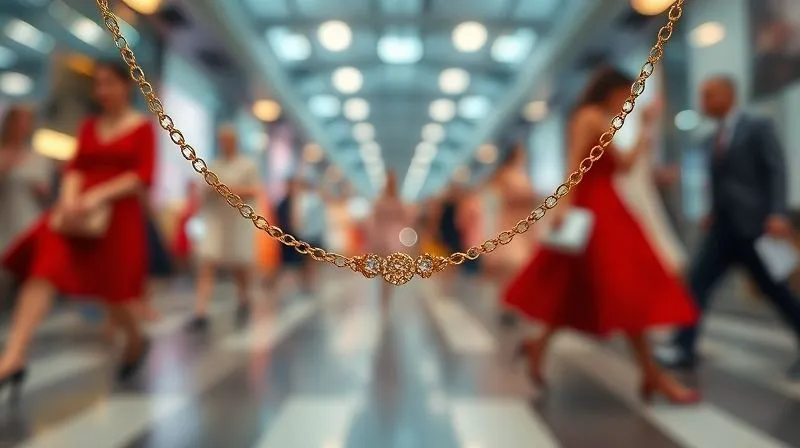 photorealistic, professional photography, 8K, cinematic lighting, sharp focus, depth of field, shot on a high-end DSLR, a delicate, intricate gold necklace, one end sparkling vibrantly with current trend aesthetics, while the other end subtly transforms into a timeless, classic design, against a backdrop of blurred, fast-moving fashion images, symbolizing the rapid evolution of trends.