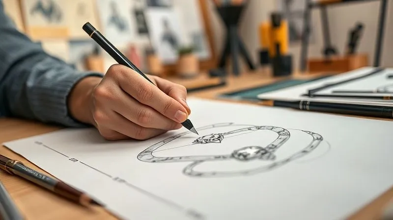 photorealistic, professional photography, 8K, cinematic lighting, sharp focus, depth of field, shot on a high-end DSLR, a jewelry designer's hands meticulously sketching a new design, incorporating elements of a fading trend (like a specific shape or material) but transforming them into a timeless, elegant piece, with design tools and mood boards in the background.
