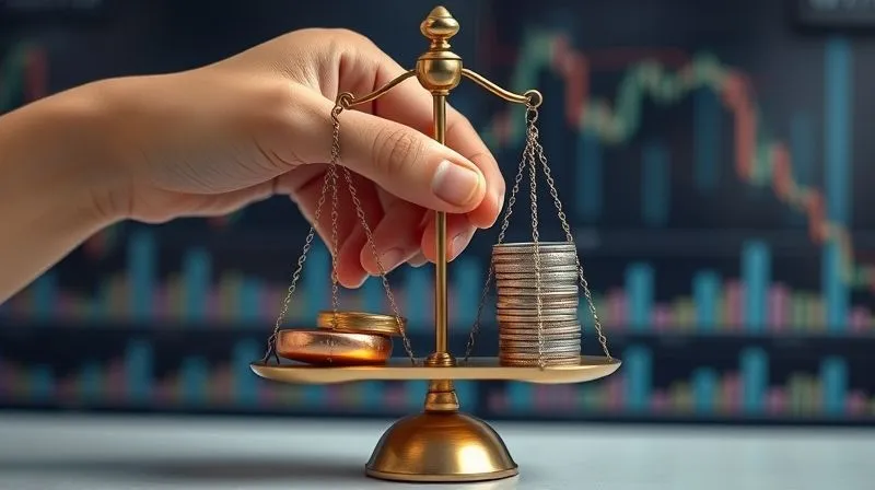 photorealistic, professional photography, 8K, cinematic lighting, sharp focus, depth of field, shot on a high-end DSLR, a hand carefully balancing a delicate scale, with elegant jewelry pieces on one side and stacks of coins on the other, representing the financial considerations and strategic balancing act of pivoting a jewelry collection, against a softly blurred background of financial charts.