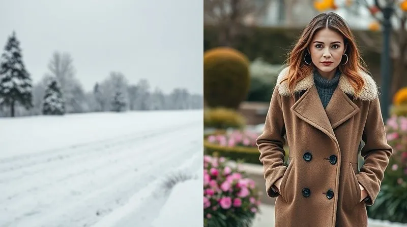 A photorealistic, professional photography, 8K, cinematic lighting, sharp focus, depth of field, shot on a high-end DSLR. A split image showing on one side a snowy winter landscape with a stylish woman in a warm coat, and on the other side, a vibrant spring garden with the same woman wearing a lighter, repurposed version of the coat, demonstrating seasonal transition and unexpected trend adaptation.
