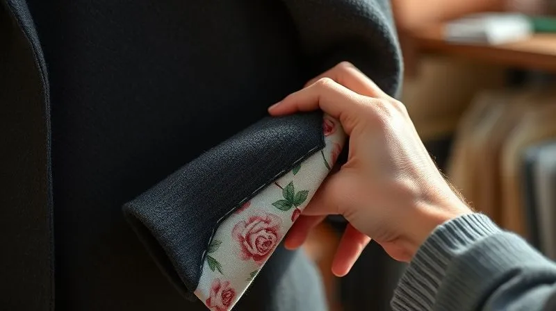 A photorealistic, professional photography, 8K, cinematic lighting, sharp focus, depth of field, shot on a high-end DSLR. A close-up of a dark winter wool jacket being meticulously altered by a tailor, with spring-like floral fabric being sewn onto a newly shortened sleeve. Soft, natural light illuminates the focused work.
